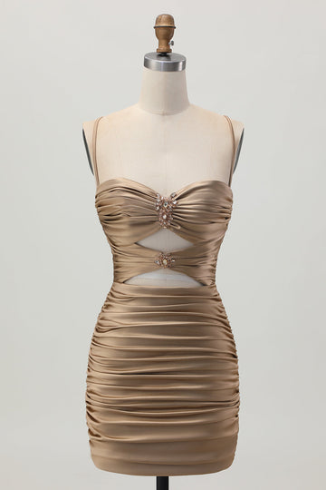 Dark Khaki Ruched Cut-Out Tight Mini Cocktail Dress with Lace Up Back
